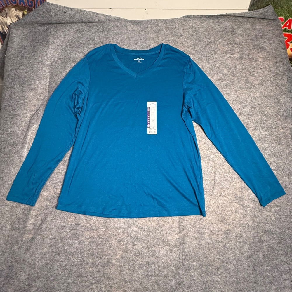 Eddie Bauer Washed Teal Women Long Sleeve XXL Teal Cotton Modal V-Neck Tee
